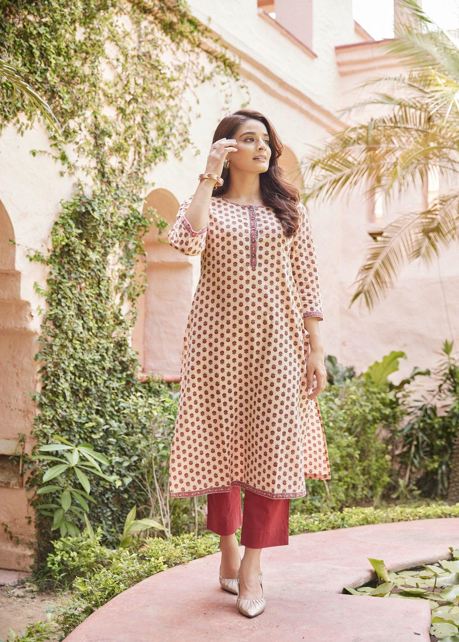 Elegant Upasana Kurta in Apricot Red with Classic Block Prints