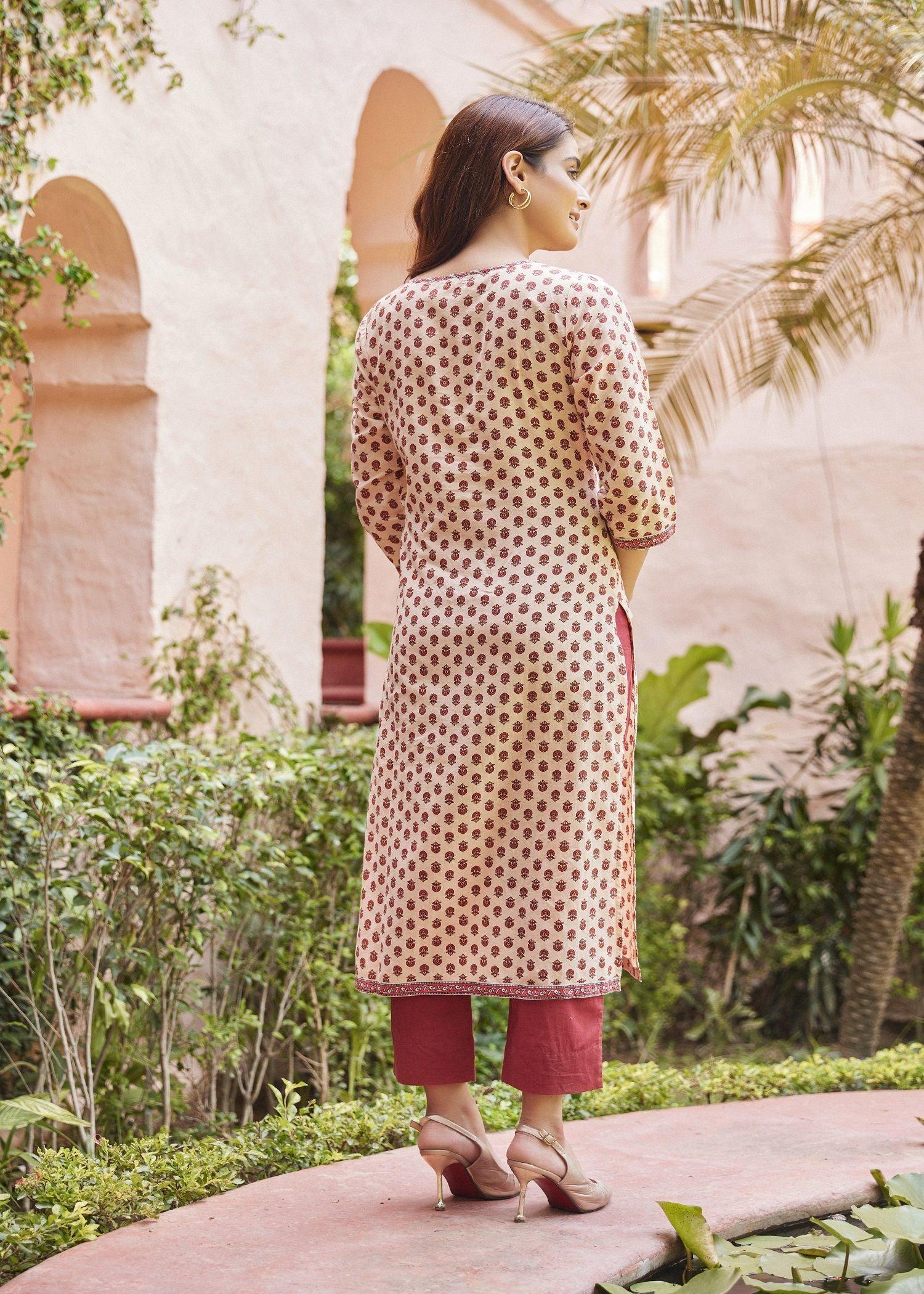 Elegant Upasana Kurta in Apricot Red with Classic Block Prints