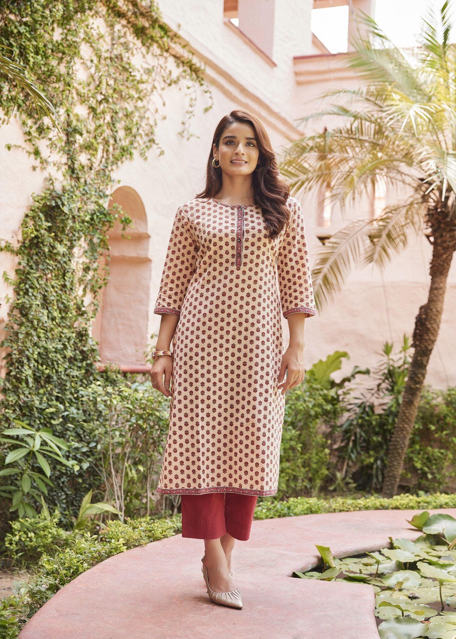 Elegant Upasana Kurta in Apricot Red with Classic Block Prints