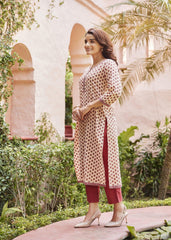 Elegant Upasana Kurta in Apricot Red with Classic Block Prints