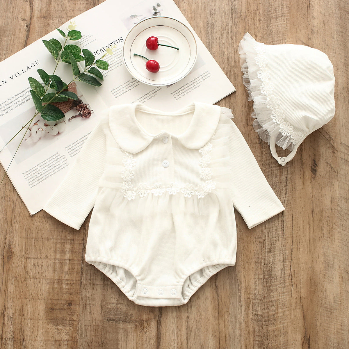 Estella Frill Baby Girls Cotton Romper with Matching Bucket Hat – Comfortable and Stylish Outfit