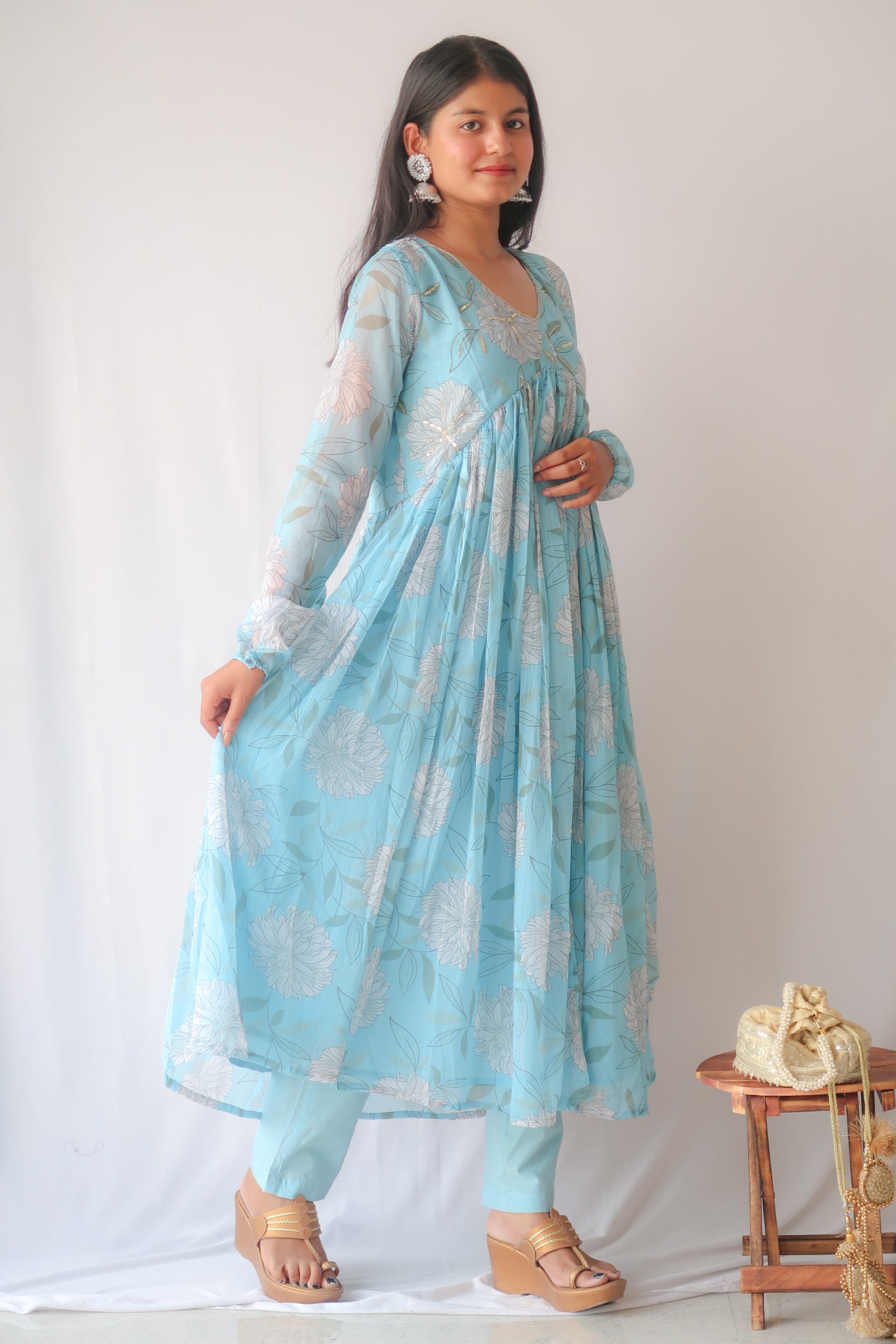 Light Blue Chiffon Anarkali Kurta Set with Sequin Work and Floral Print