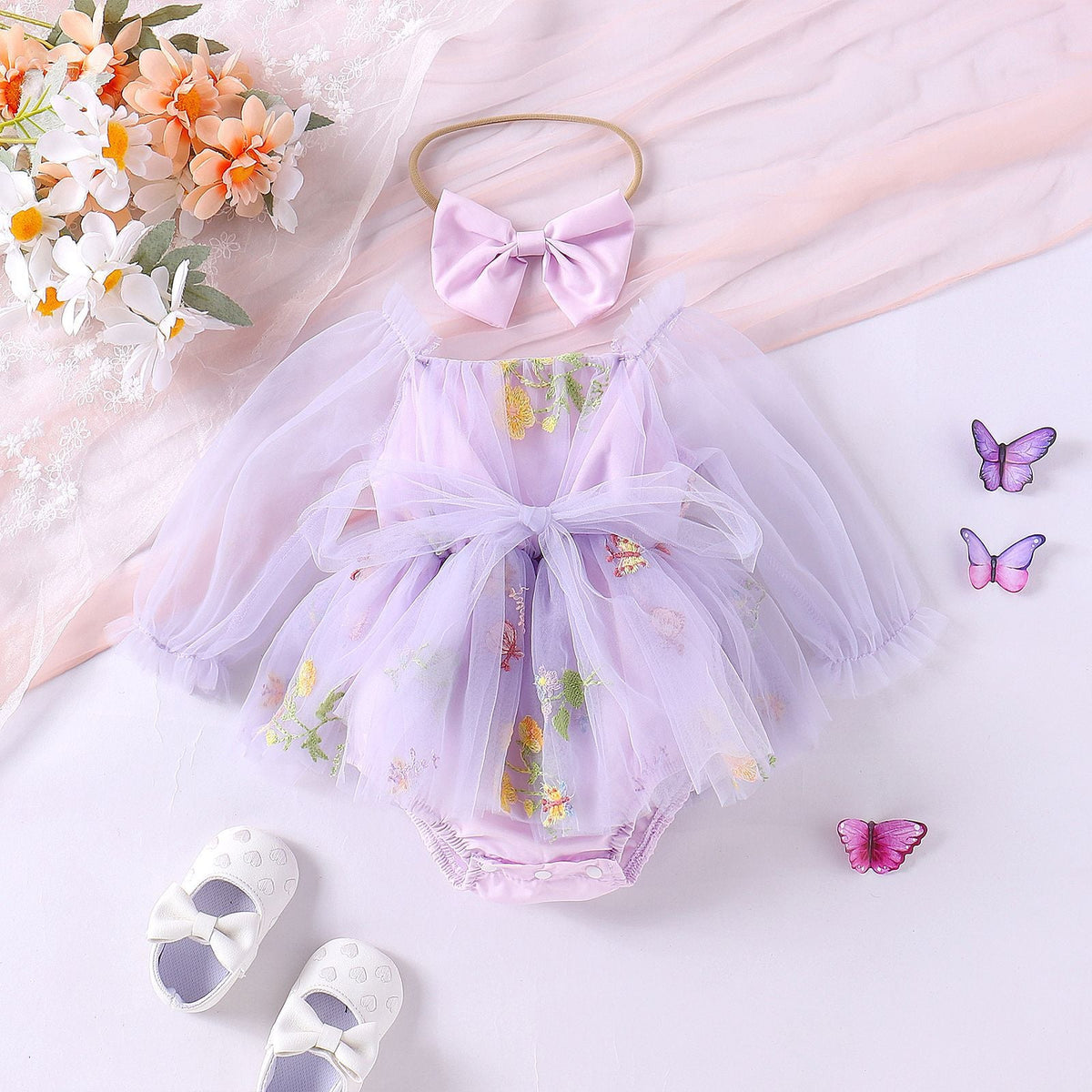 Fall Embroidered Baby Girls Romper with Matching Headband – Soft Cotton Blend