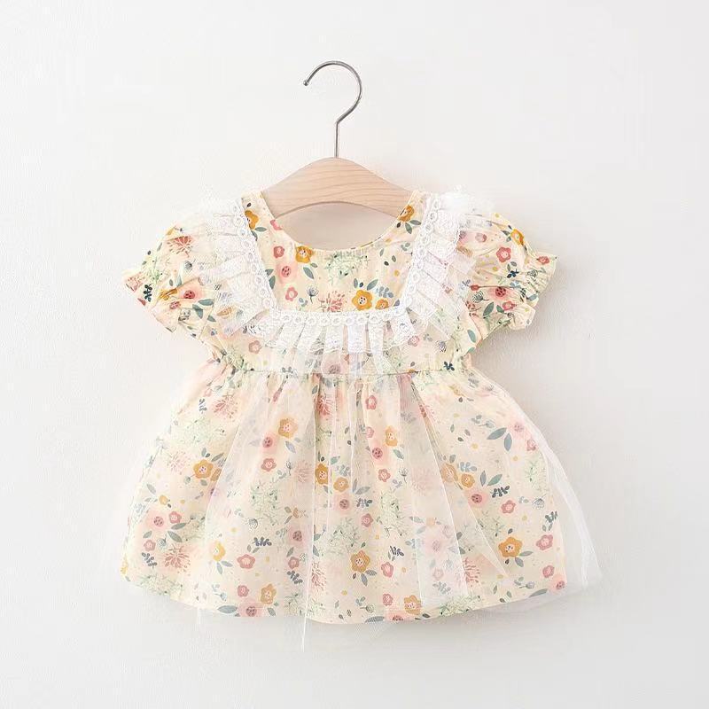 Floral Beige Girls Net Dress – Elegant Cotton Blend Party Wear