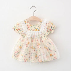 Floral Beige Girls Net Dress – Elegant Cotton Blend Party Wear