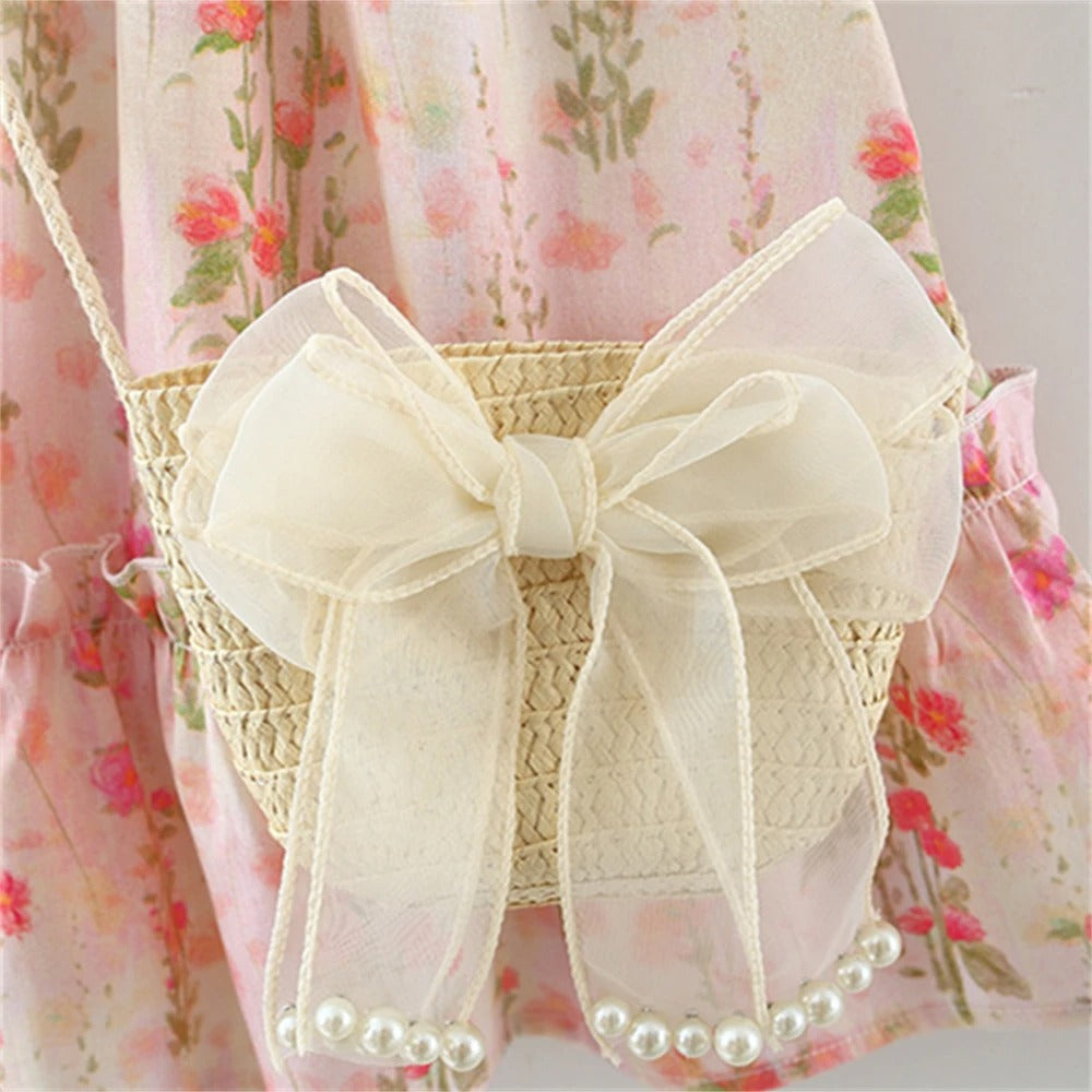 Floral Fantasy Girls Cotton Blend Dress with Sling Bag – Stylish Party and Casual Wear