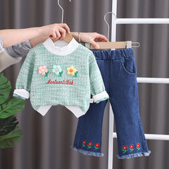 Flower Print Girls Top and Flare Jeans Set – Stylish Cotton Outfit for Casual or Party Wear