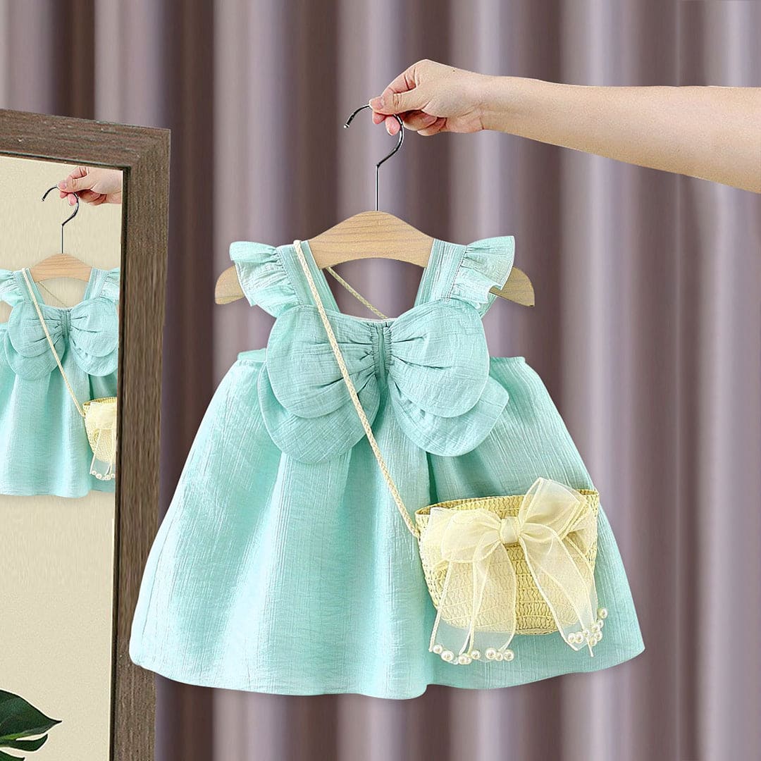 Fluttering Wings Girls Cotton Dress with Sling Bag – Stylish Casual and Party Wear