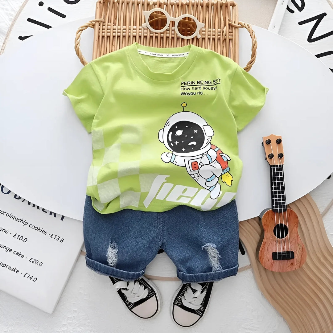 Flying Astronaut Boys T-Shirt and Denim Pants Two-Piece Outfit – Cotton Blend Casual Set