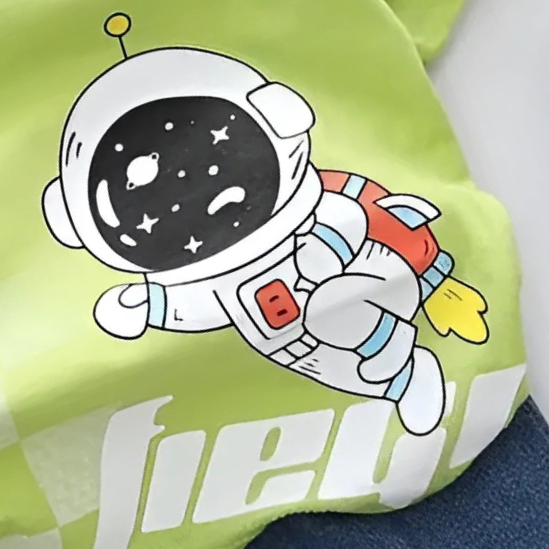 Flying Astronaut Boys T-Shirt and Denim Pants Two-Piece Outfit – Cotton Blend Casual Set