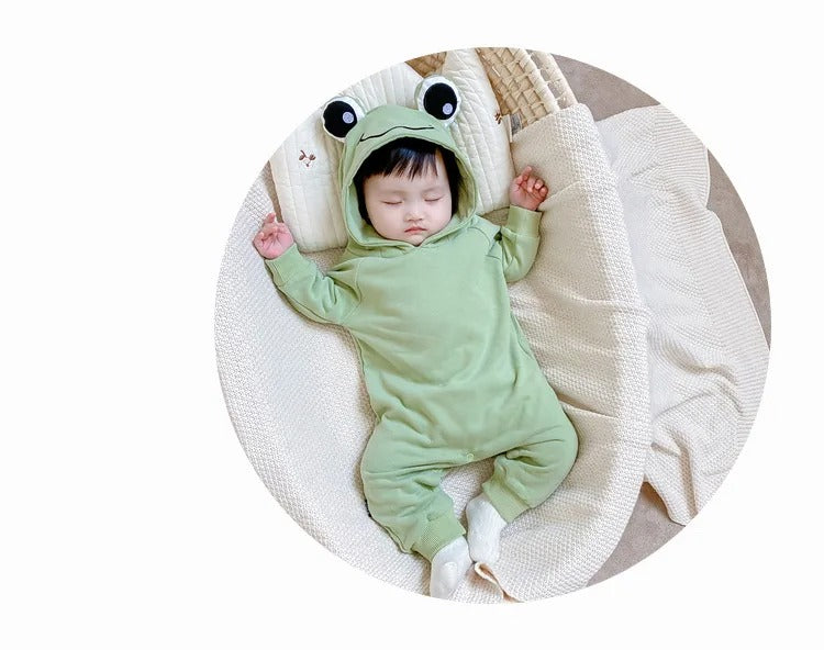 Frog Eyes Hooded Baby Boys and Girls Cotton Onesie – Cute Unisex Romper with Hood
