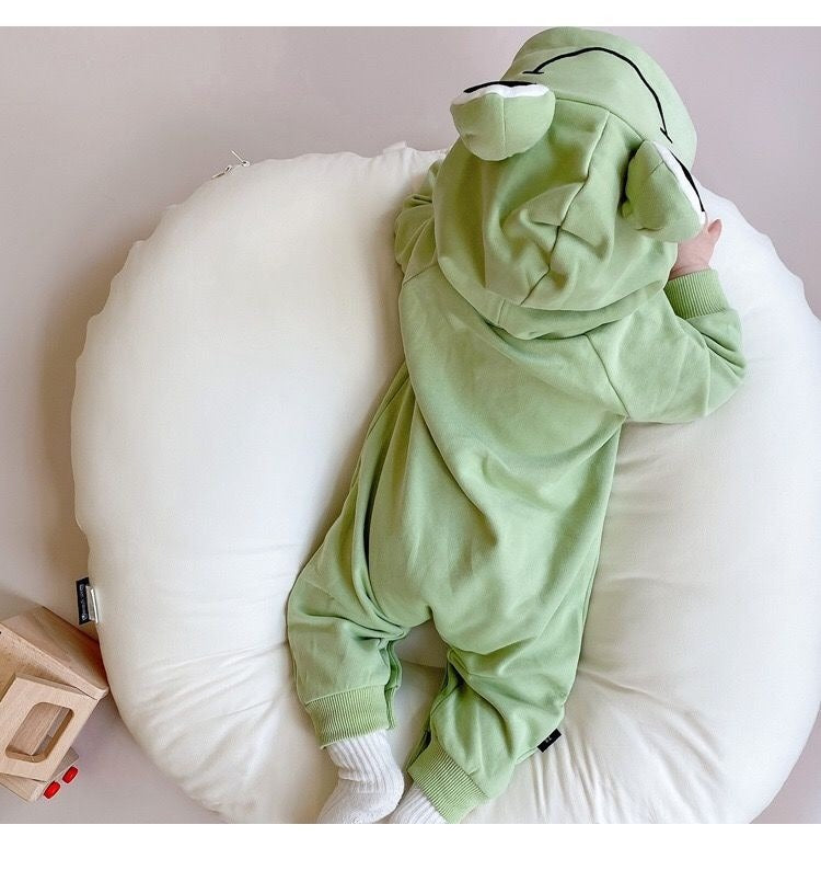 Frog Eyes Hooded Baby Boys and Girls Cotton Onesie – Cute Unisex Romper with Hood