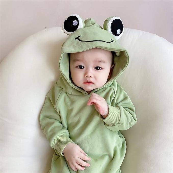 Frog Eyes Hooded Baby Boys and Girls Cotton Onesie – Cute Unisex Romper with Hood