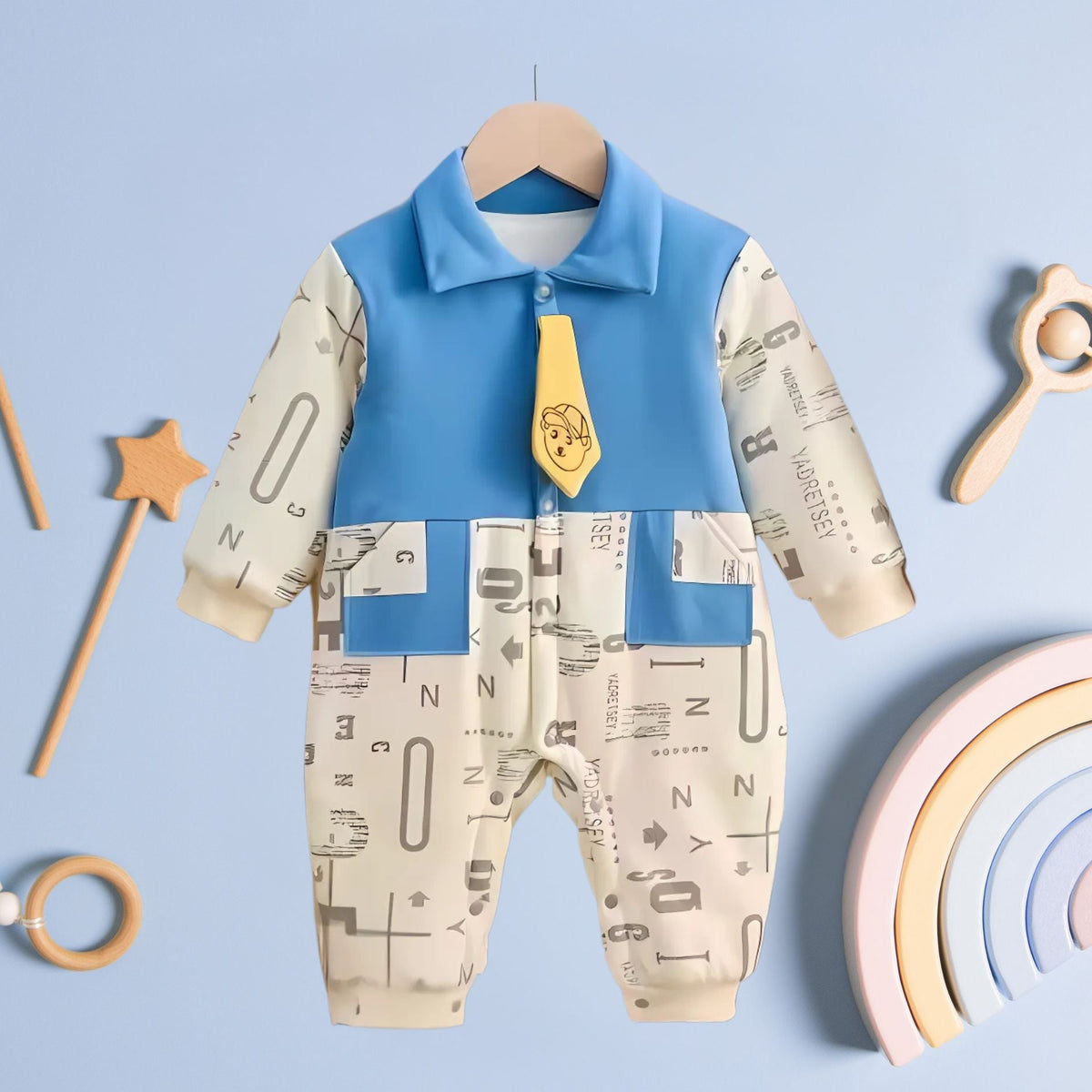Funky Cartoon Baby Boys Romper with Tie – Soft Cotton One-Piece Outfit for Infants