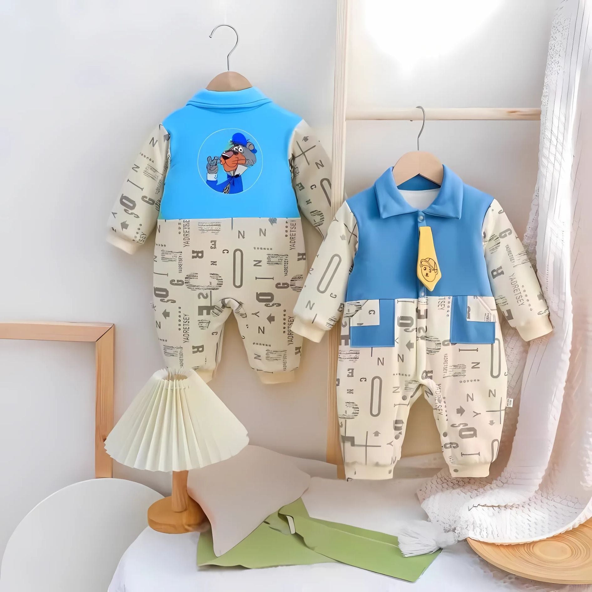 Funky Cartoon Baby Boys Romper with Tie – Soft Cotton One-Piece Outfit for Infants