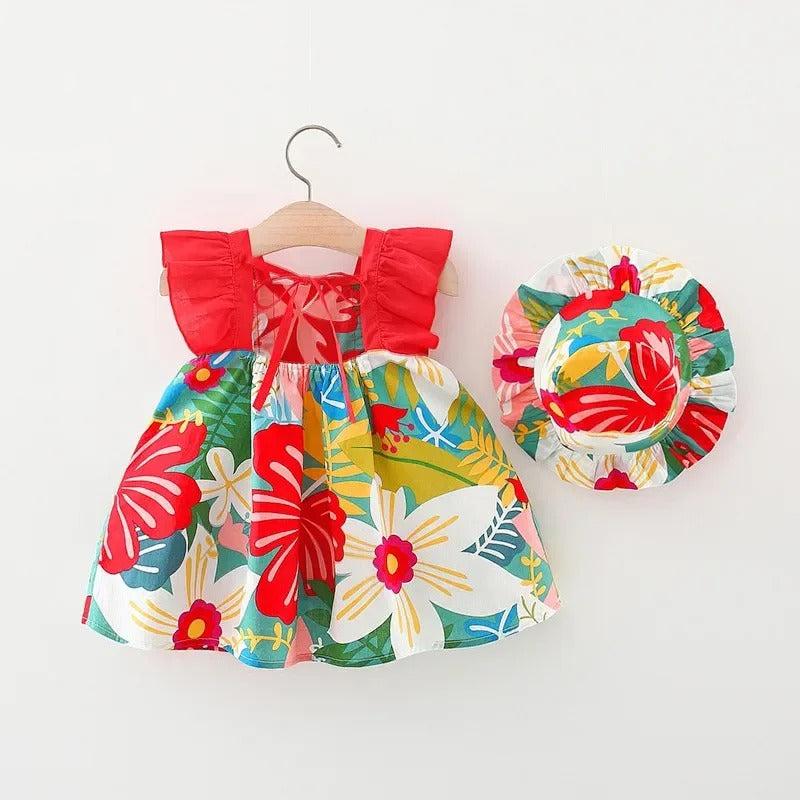 Red Vibrant Frill Sleeves Girls Dress with Hat – Soft Cotton Outfit