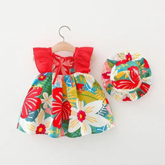 Red Vibrant Frill Sleeves Girls Dress with Hat – Soft Cotton Outfit
