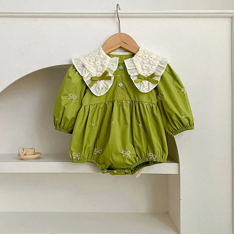 Green Aesthetic Baby Girl Balloon Romper – Soft Cotton Infant Outfit