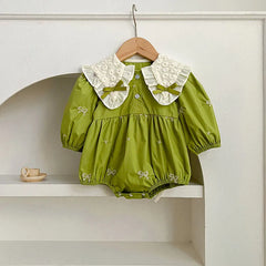 Green Aesthetic Baby Girl Balloon Romper – Soft Cotton Infant Outfit