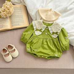 Green Aesthetic Baby Girl Balloon Romper – Soft Cotton Infant Outfit