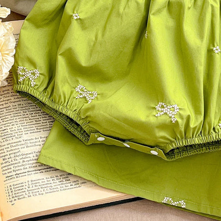 Green Aesthetic Baby Girl Balloon Romper – Soft Cotton Infant Outfit