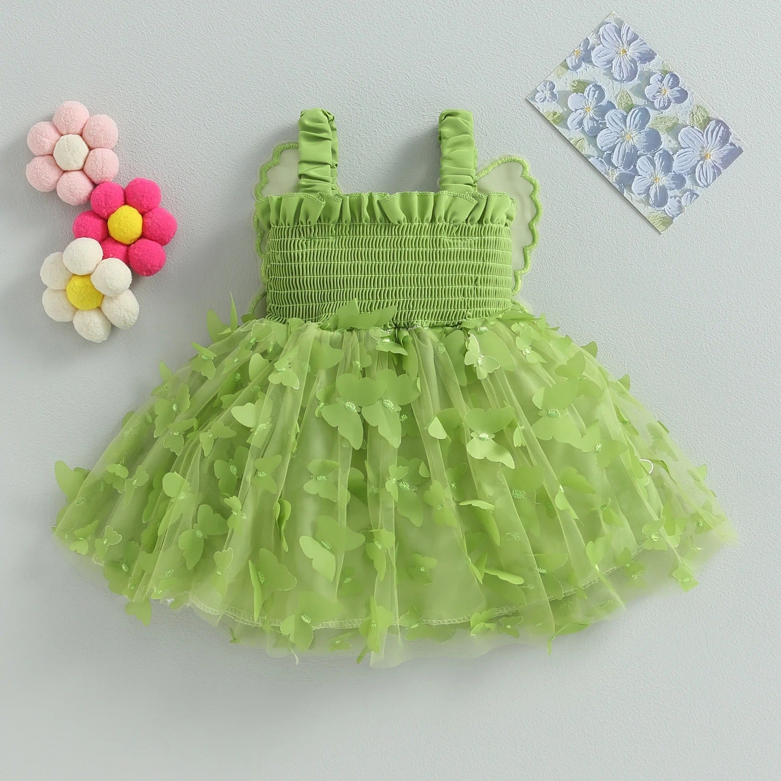 Green Butterfly Wings Girls Party Dress – Elegant Polyester Blend