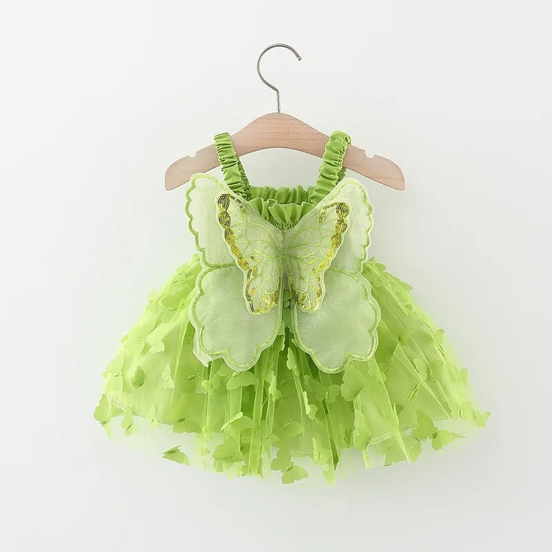 Green Butterfly Wings Girls Party Dress – Elegant Polyester Blend
