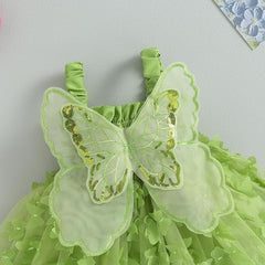 Green Butterfly Wings Girls Party Dress – Elegant Polyester Blend