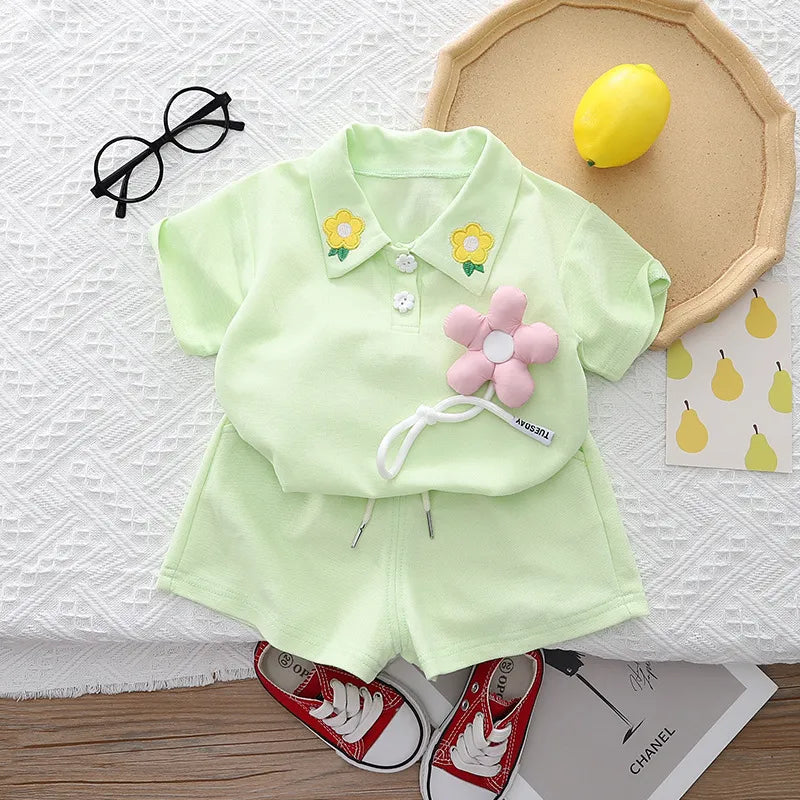 Green Pastel Girls Co-ord Set with 3D Flower – Cotton Two-Piece Outfits