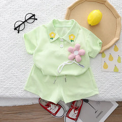 Green Pastel Girls Co-ord Set with 3D Flower – Cotton Two-Piece Outfits