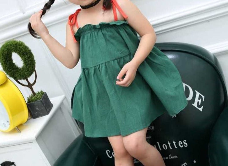 Green Tie Sleeves Cotton Girls Dress – Comfortable Casual and Party Wear
