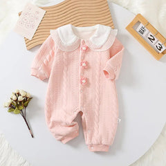 Soft Peachy Pink Baby Girls Romper Delight – Fleece-Lined Cotton Blend Infant Outfit, Cozy & Cute