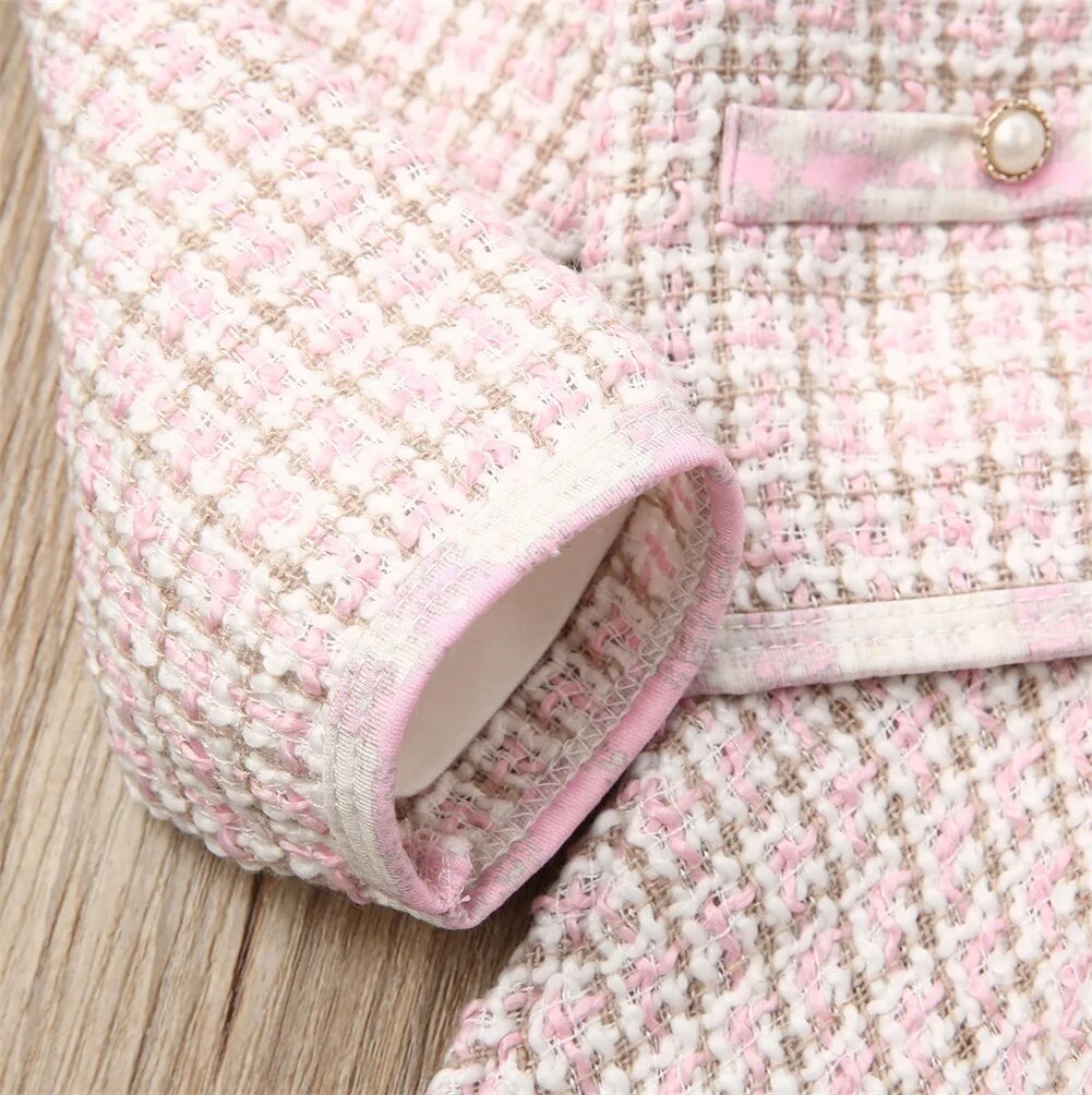 Pink Fall Plaid Girls Dress with Jacket – Cozy Cotton Knit Outfit