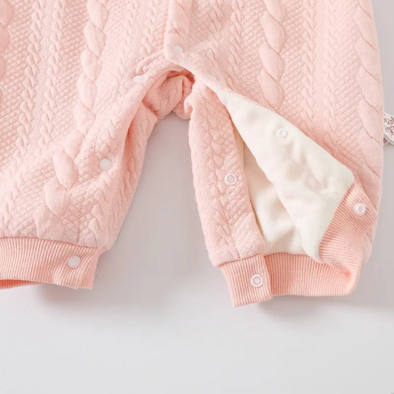 Soft Peachy Pink Baby Girls Romper Delight – Fleece-Lined Cotton Blend Infant Outfit, Cozy & Cute