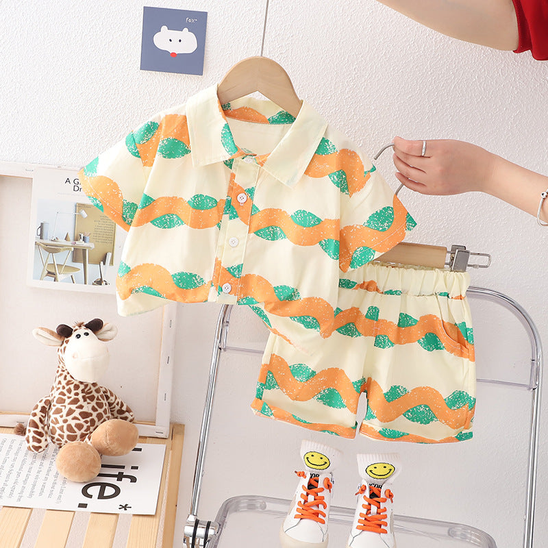 Hawaii Wave Orange Boys Shirt and Shorts Set – Lightweight Acetate Fibre Summer Outfit