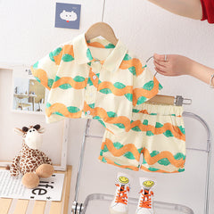 Hawaii Wave Orange Boys Shirt and Shorts Set – Lightweight Acetate Fibre Summer Outfit