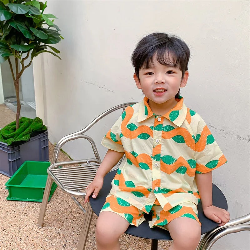 Hawaii Wave Orange Boys Shirt and Shorts Set – Lightweight Acetate Fibre Summer Outfit