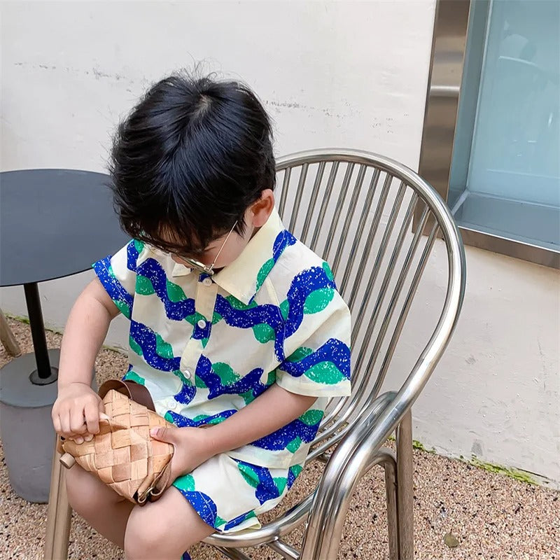 Hawaii Wave Boys Shirt and Shorts Set – Lightweight Acetate Fibre Summer Outfit