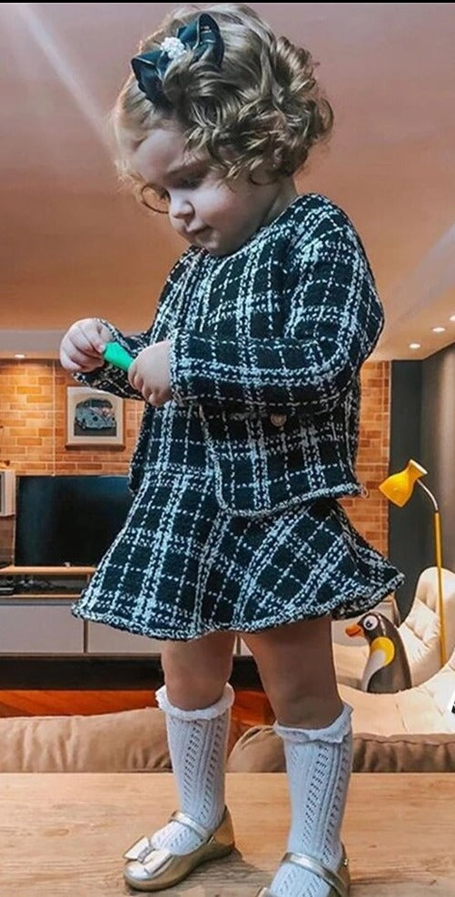 Black Fall Plaid Girls Dress with Jacket – Stylish Cotton Knitted Blend Outfit