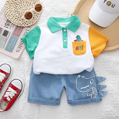 Hey Dino Boys Set – Bright Cotton T-shirt with Matching Shorts, Summer Outfit for Kids