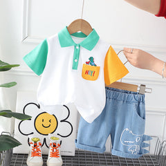 Hey Dino Boys Set – Bright Cotton T-shirt with Matching Shorts, Summer Outfit for Kids