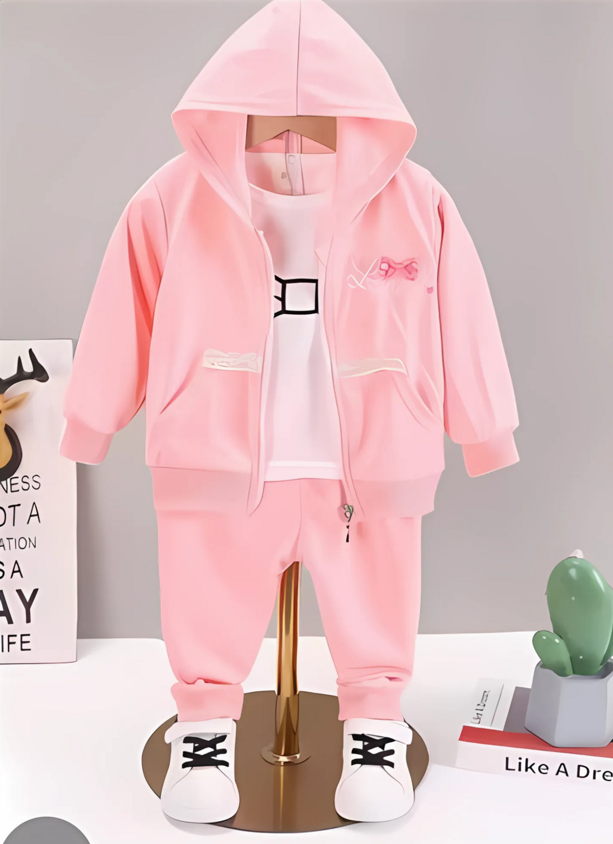 Hoodie Style Girls Three-Piece Set – Cotton Blend Outfit with Top, Pants, and Hoodie