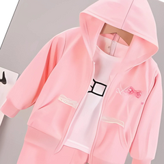 Hoodie Style Girls Three-Piece Set – Cotton Blend Outfit with Top, Pants, and Hoodie