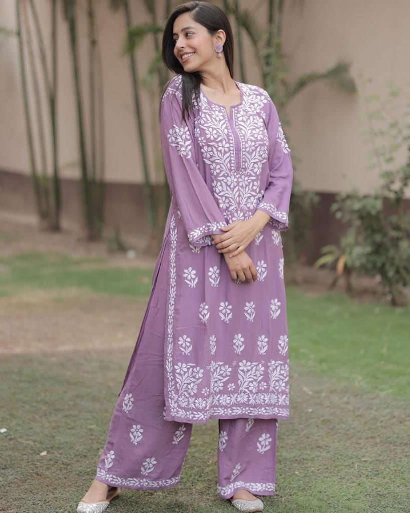 Chikankari Work Kurti Pant Set (Stitched)