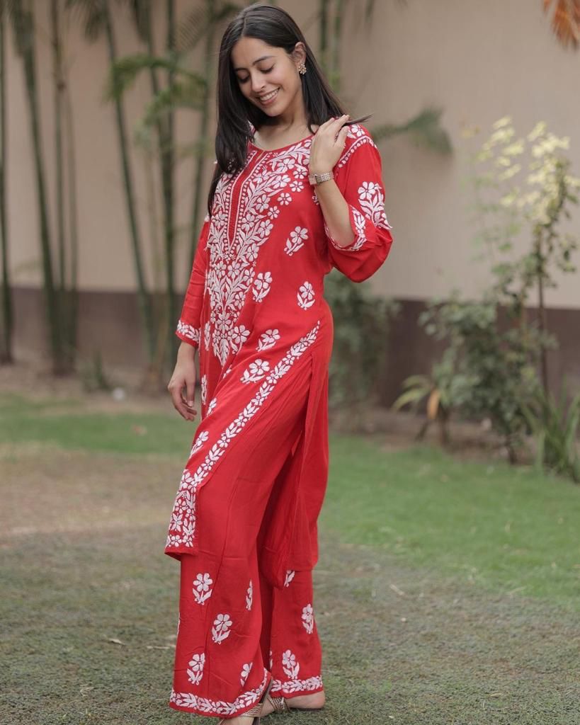 Chikankari Work Kurti Pant Set (Stitched)
