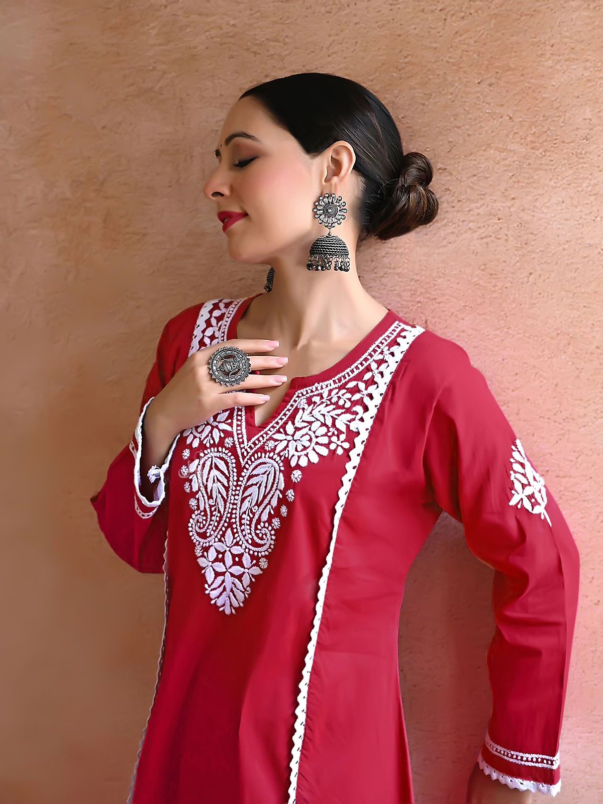 New Chikankari Exclusive  Kurti_Pent Pair  (Red) 12