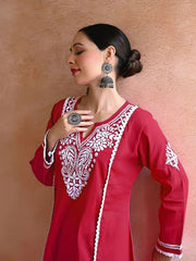 New Chikankari Exclusive  Kurti_Pent Pair  (Red) 12