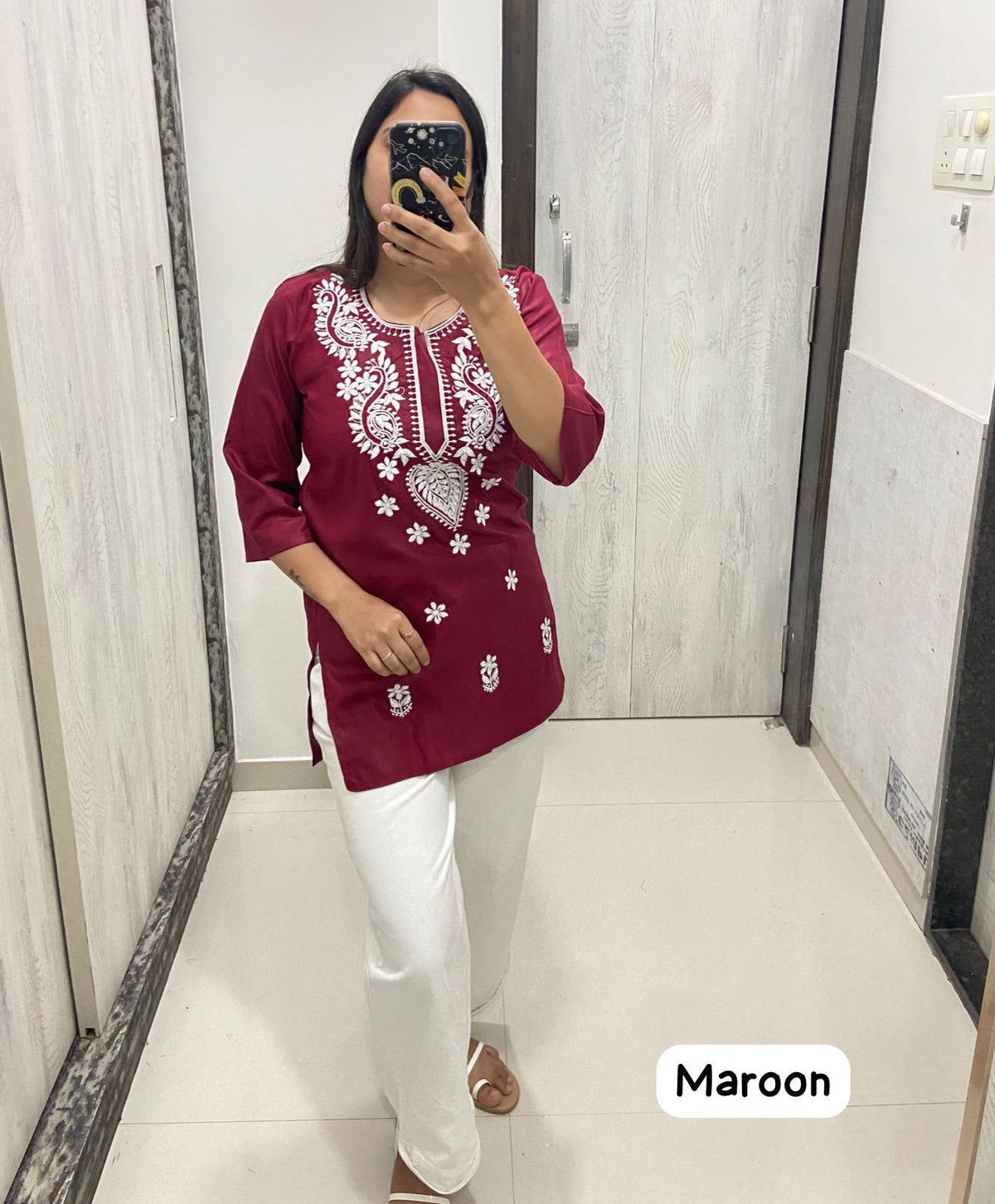 Women Chikan Embroidery Cotton Tops (Maroon 51