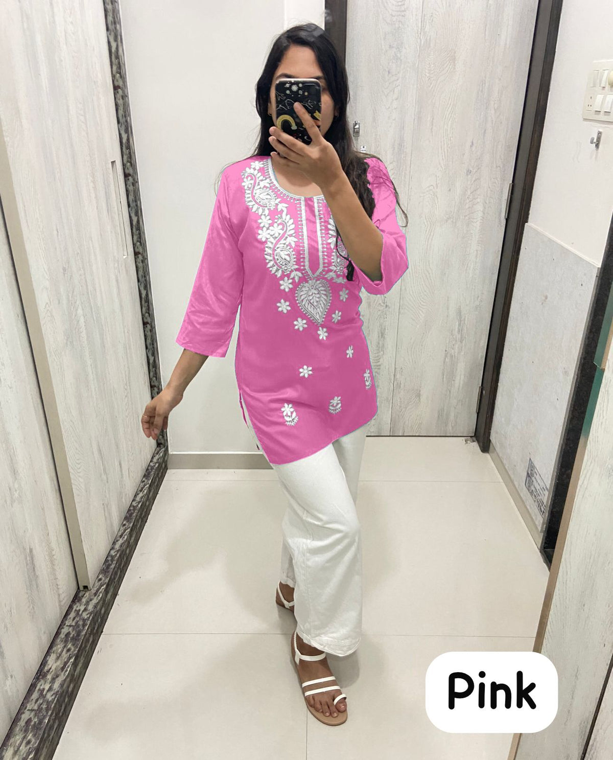 Women Chikan Embroidery Cotton Tops (Baby Pink) 47