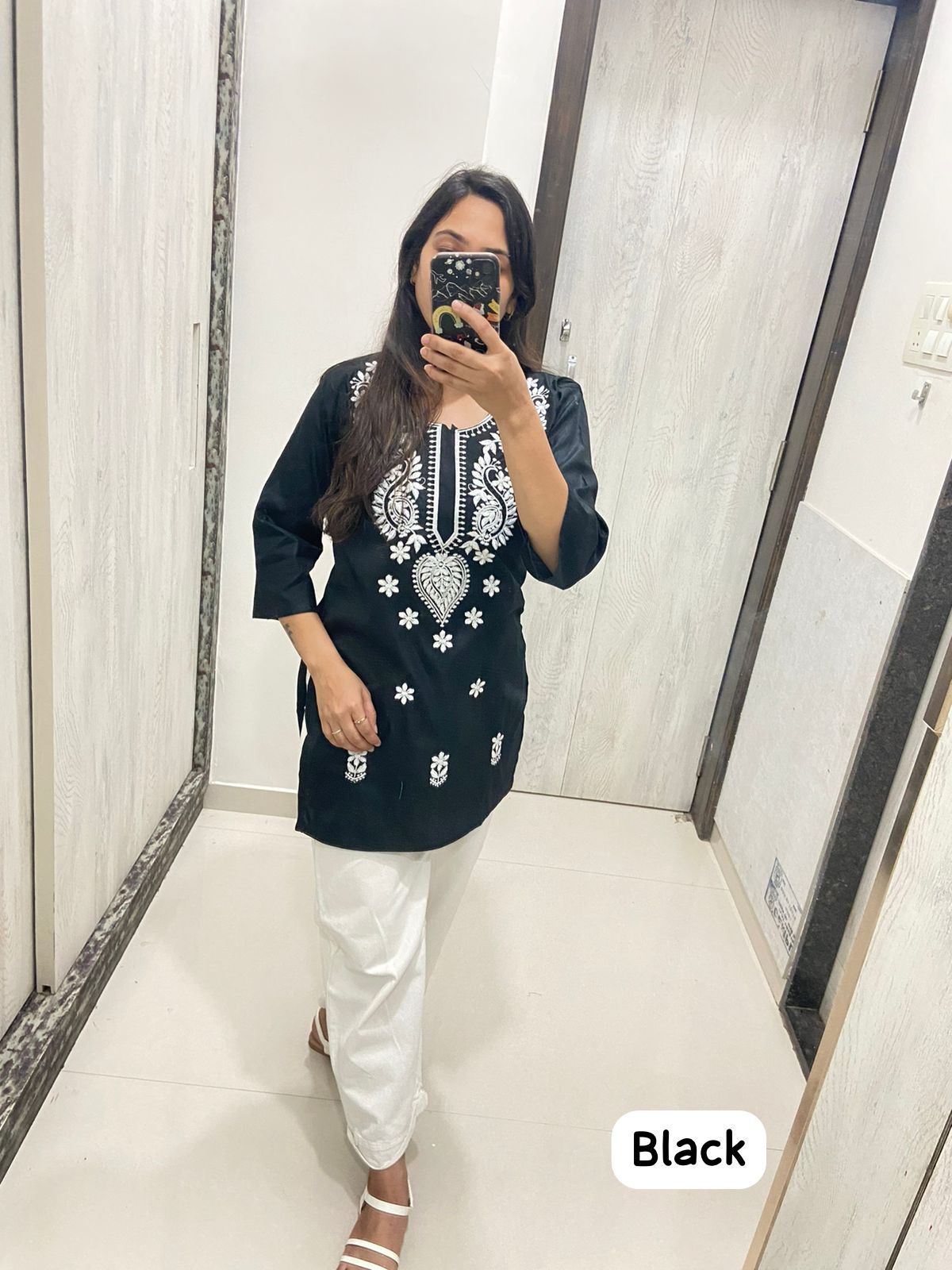 Women Chikan Embroidery Cotton Tops (Black) 48